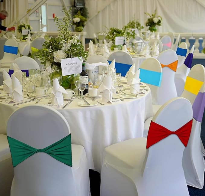 MDS Pack of 25 Spandex Chair Sashes Bows Elastic Stretch Dining Chair Bands Ties Without Slider Buckle Universal fits for Wedding Baby Shower Birthday Party Banquet Event Decoration - Orange