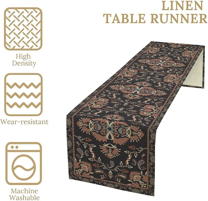 Boho Paisley Farmhouse Table Runner, Vintage Red Blue Retro Flower Rustic Country Style Floral Print Pattern for Home Kitchen Table Decor Dining Coffee Room Garden Party Decor 13x72in