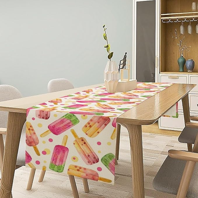 Ice Cream Popsicles Table Runner, Watercolor Summer Seasonal Fruit Peach Kiwi Berry Popsicles Orange Pink Sweet Dessert Dinner Runner for Party Holiday Home Kitchen Dining Table Decor 13"x70"