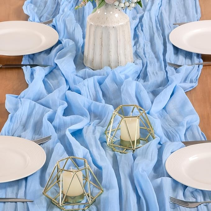 MLMW Light Blue Cheesecloth Table Runner Boho Gauze Rustic Cheese Cloth 160 inch Sheer Baby Blue Coastal Table Runner 13.3ft for Wedding Party Baby Bridal Shower Birthday