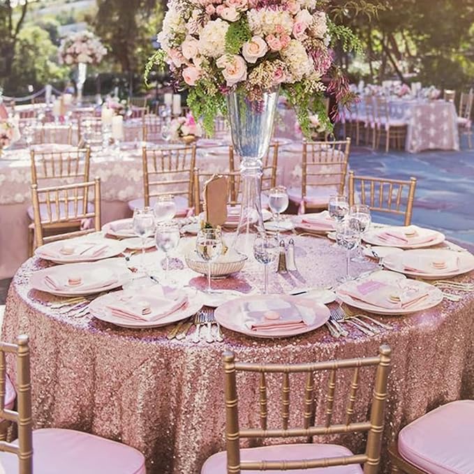 OQSQ Rose Gold Round Sequin Tablecloth, Glitter Tablecloth for Bridal Shower Decorations, Birthday, Wedding, Dessert, Banquet（50X50 inch Round,Rose Gold）