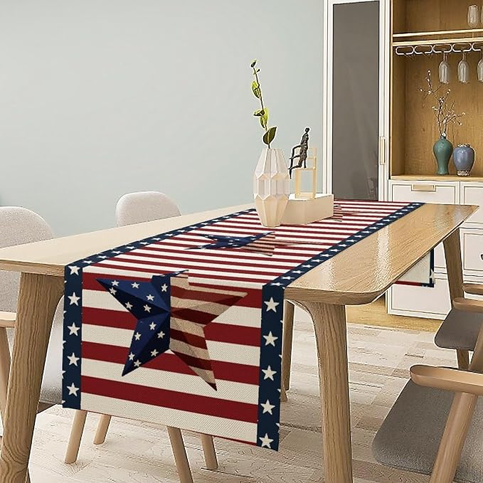 4th of July Table Runner, Patriotic Independence Day American Stars Stripes Flag Print Table Runner for Farmhouse Kitchen Dining Holiday Birthday Party, 13x36inch