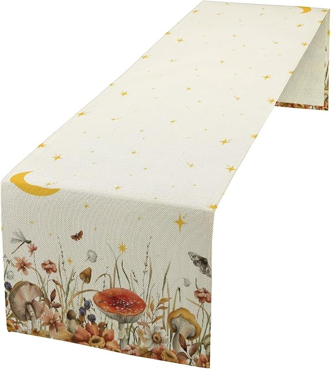 Mushroom Kitchen Table Runner, Gothic Moon Star Plants Witchy Moonlit Flower Butterfly Table Runner for Kitchen Dinner Living Room Drapes, 13x36 Inch White