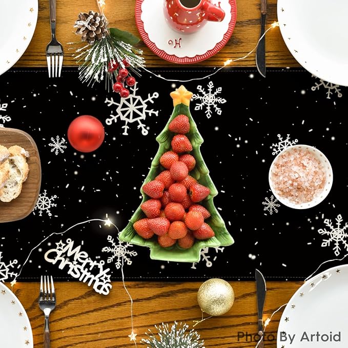 Artoid Mode Black Snowman Snowflake Let it Snow Winter Table Runner, Christmas Kitchen Dining Table Decoration for Home Party Decor 13x72 Inch