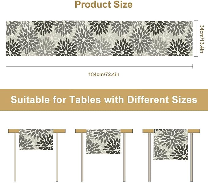Gray Dahlia Flower Table Runner, Vintage Modern Linen Geometric Pattern Floral Table Runner Spring for Farmhouse Kitchen Dining Party Holiday Party, 13x90 Inch