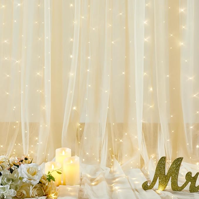 10ft x 10ft Champagne Tulle Backdrop Curtain with Lights String for Parties Wedding Bridal Shower Sheer Champagne Curtain Backdrop for Birthday Party Baby Shower Photo Booth Decorations