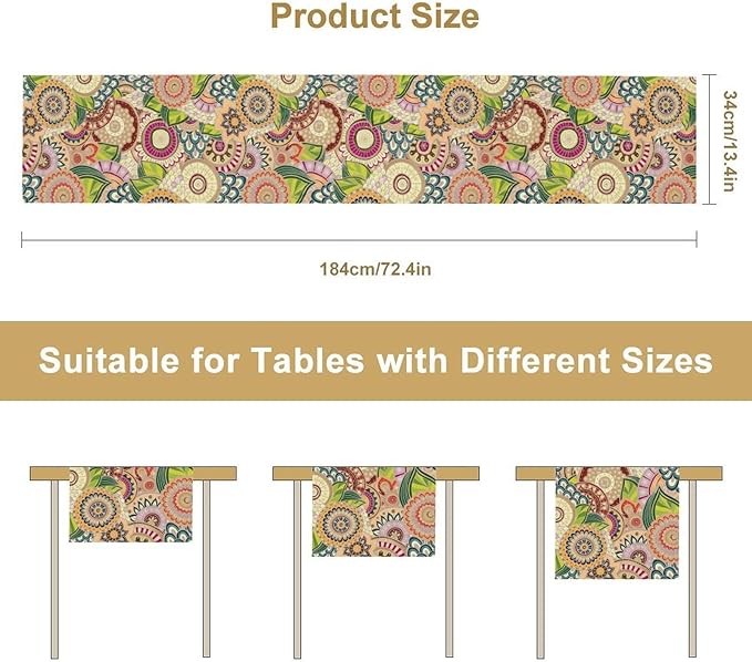 Boho Floral Table Runner,Retro Bohemian Flower Table Runner for Kitchen Dining Table Home Party Decoration 13x72 Inch