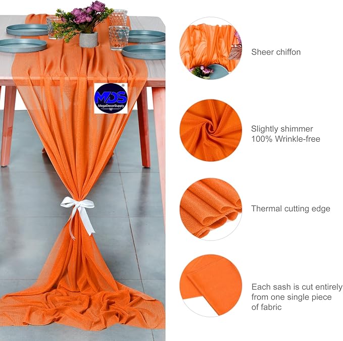 MDS Halloween Chiffon Table Runner - 10 Pack, 29 x 170 Inches, 14ft Each - Sheer Spooky Table Runners for Haunted House Parties, Trick-or-Treat Tables, Witchy Décor, Wedding & Events - Orange