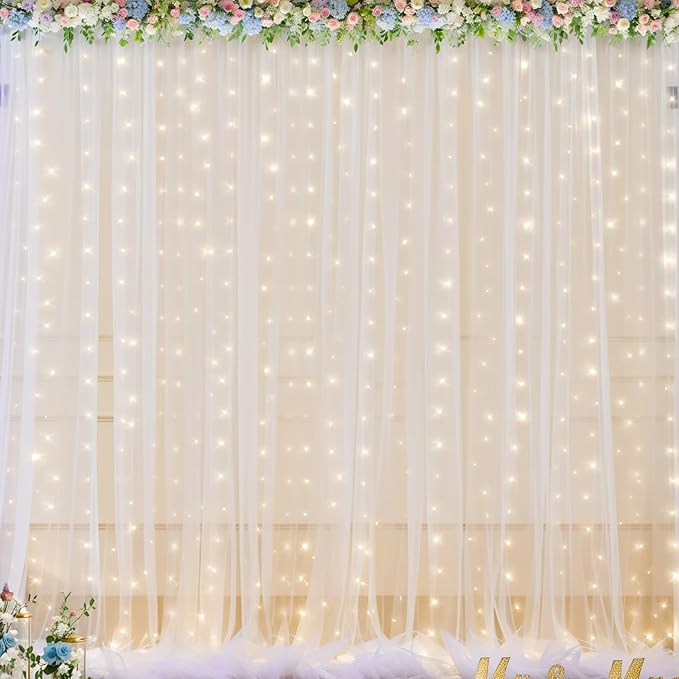 20x10ft White Tulle Backdrop Curtains with Lights for Party Wedding Baby Shower, Sheer Wrinkle Free Backdrop Curtains for Birthday Party Photo Booth Background Decoration