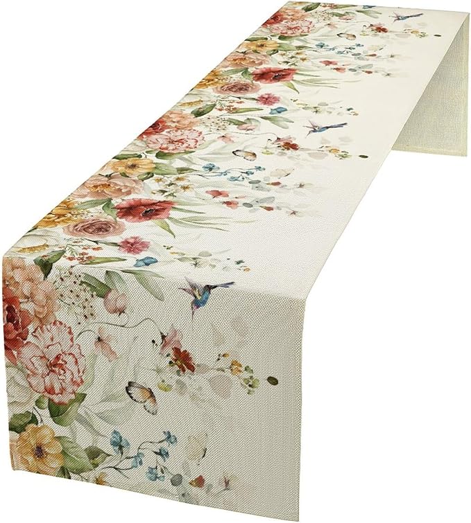 Rustic Floral Table Runner, Watercolor Flower Leaves Hummingbird Butterfly Farmhouse Kitchen Dinning Table Runner for Indoor Outdoor Home Wedding Party Holiday, 13x36 Inch