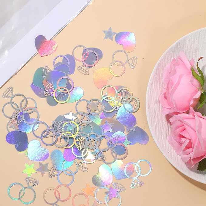 300 Pcs Iridescent Bachelorette Confetti, Bridal Shower Decoration Confettis, Wedding Decorations Diamond Ring Heart Star Table Confetti for Engagement Party Decorations, Bridal Shower supplies