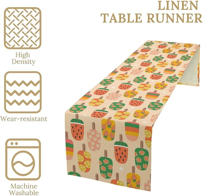 Summer Popsicles Table Runner, Colorful Cute Ice Cream Childish Seasonal Dinner Runner for Party Holiday Home Kitchen Dining Table Decor 13"x120"