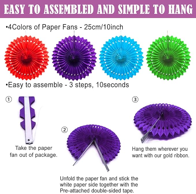 Colorful Birthday Decorations - Mexican Fiesta Party Decorations with Paper Fans, Paper Pom Poms,Dots Garland, Pennant Banner, Honeycomb Balls Packs