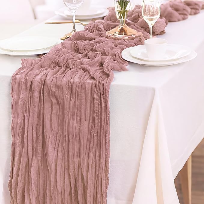 10-Pack Dusty Pink Cheesecloth Table Runners – 10FT (35x120 Inch) Boho Rustic Gauze Fabric Cheese Cloth Table Runner for Weddings, Baby Showers, Bridal Shower, Farmhouse & Birthday Party Decor