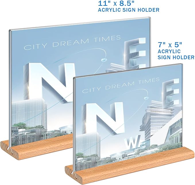 Kersally Acrylic Sign Holder 7 x 5'',6 Pack Double-Sided Clear Table Display Stands with Wood Base,Horizontal Acrylic Frame Menu Flyer Paper Holder for Store, Restaurant, Hotel, Office, Show Fair