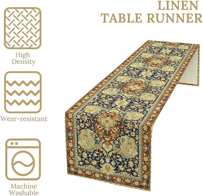 Vintage Boho Floral Table Runner, Elegant Luxurious Rustic Country Farmhouse Navy Blue Gold Retro Flower Pattern for Home Kitchen Table Decor Dining Coffee Room Party Decor 13x90in