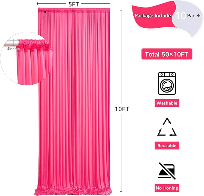 50 ft x 10 ft Wrinkle Free Fuchsia Backdrop Curtain for Parties, 10Panels Polyester Hot Pink Photo Backdrop Drapes for Wedding Birthday Party Baby Shower