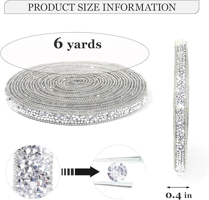 Rhinestone Ribbon 6 Yards Self Adhesive Rhinestone Strips Diamond Ribbon Sticker Crystal Roll Glitter Bling Rhinestones Tape for Crafting DIY Art Decoration (Silver,0.4 Inch)