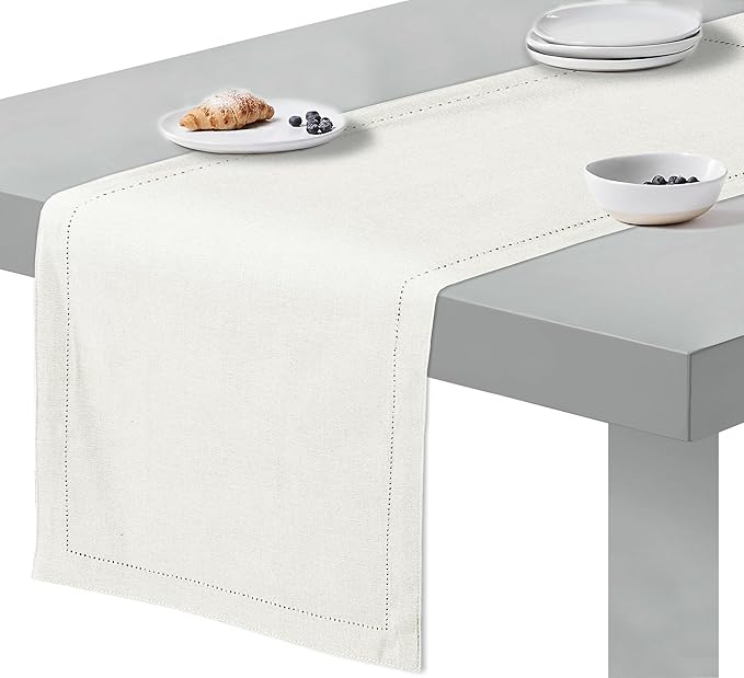 Ruvanti Linen Table Runner 90 Inches, Classic Hemstitch, Washable, Reusable, Non-Slipping, Stain Resistant- Perfect for Parties, Weddings, Dinners, Thanksgiving, Christmas, Indoor use – Ivory