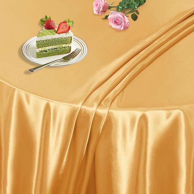 KKJIAF 1 Pack 108 Inch Round Table Cloth, Gold Overlay Round Satin Table Cover, Silky Satin Dining Tablecloths for Wedding Buffet Parties Banquet Decoration