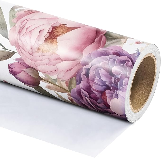 WRAPAHOLIC Floral Wrapping Paper Roll - Mini Roll - 17 Inch x 33 Feet - Purple Flower Wrapping Paper, Perfect for Girls Women Birthday, Wedding, Bridal Shower