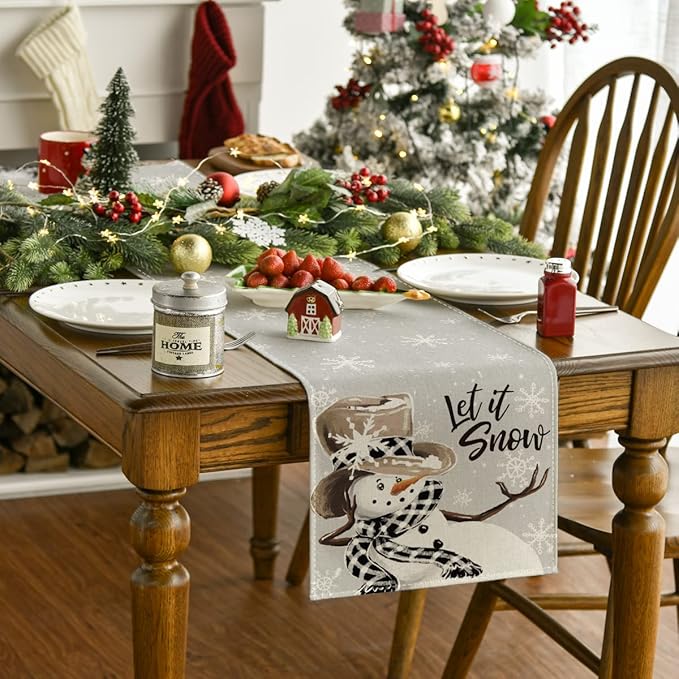 Artoid Mode Grey Snowman Snowflake Let it Snow Christmas Table Runner, Seasonal Winter Kitchen Dining Table Decor for Home Party Indoor 13x120 Inch
