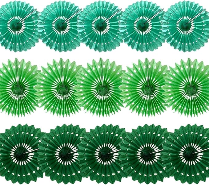 15pcs 10'' 12'' 14'' Paper Fans Decorations Green Theme Party Decor Round Tissue Paper Fans Hanging Paper Fans Set Party Paper Honeycomb Fans Decorations for Party Birthday Wedding Events