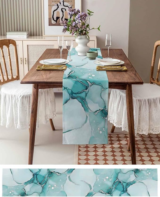 Turquoise Marble Cotton Linen Table Runner for Dining Kitchen, Wedding Outdoor Party Tablerunners Decoration, Nature Marble Crack Country Retro Dresser Scarf Coffee Tablecloth Runners 13x90 Inches