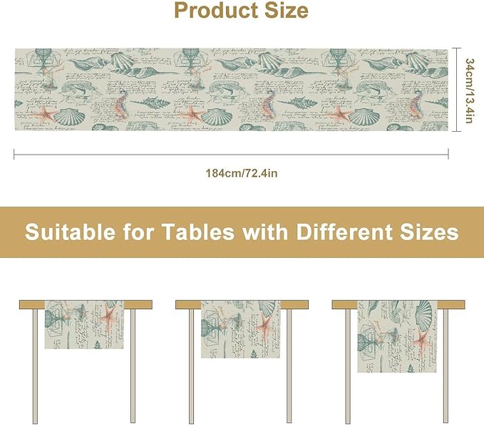 Starfish Table Runner,Seashells Beach Coastal Nautical Sailboat Jellyfish Vintage Hand Drawn Burlap for Hotel Indoors Outdoor Dining Room Kitchen Table Decor, 13x108in