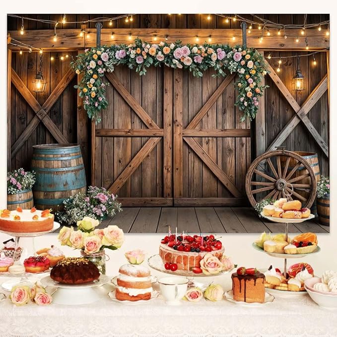 7x5ft Country Wedding Photography Backdrop Rustic Barn Door Photography Backdrop Farmhouse Pink Flower Cabin Wooden Birthday Baby Shower Wedding Bridal Party Banner Photo Booth Props Background