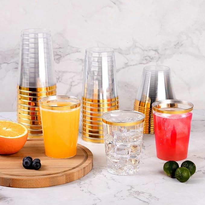 Goodluck 200PCS 12oz Gold Plastic Cups for Party, Disposable Gold Rim Cups, Plastic Cocktail Glasses for Wedding Thanksgiving, Christmas, and Parties