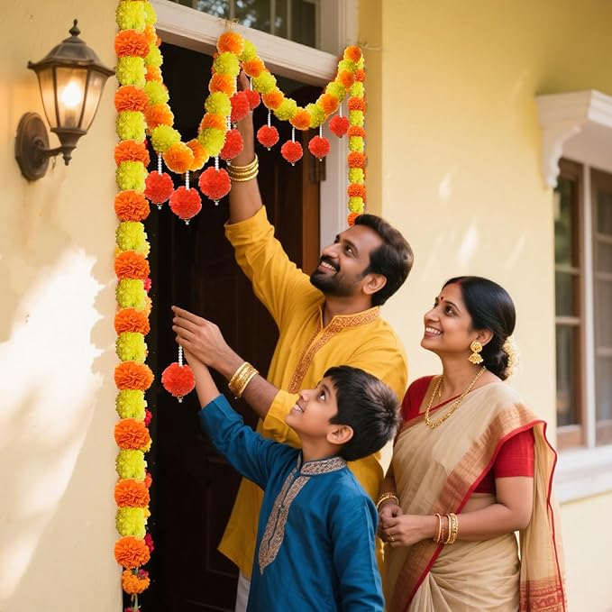 5 Pcs Diwali Artificial Marigold Garland with Pearls Decor, 4.5 Feet Artificial Marigold Flowers for Indian Pooja Diwali Home Mantle Decor Long Strands for All Year Decoration (Yellow＆Orange&Red)