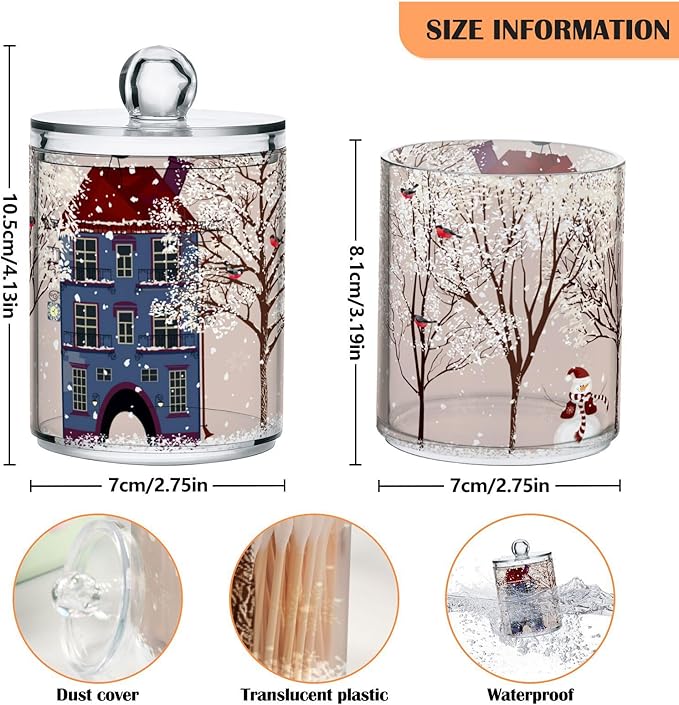 Christmas Winter Qtip Holder Dispenser 4 Pack Snowmen Snow Courtyard with Trees Apothecary Jars with Lids Bathroom Vanity Countertop Canister Storage Organizer for Cotton Ball,Swabs,Pads,Floss