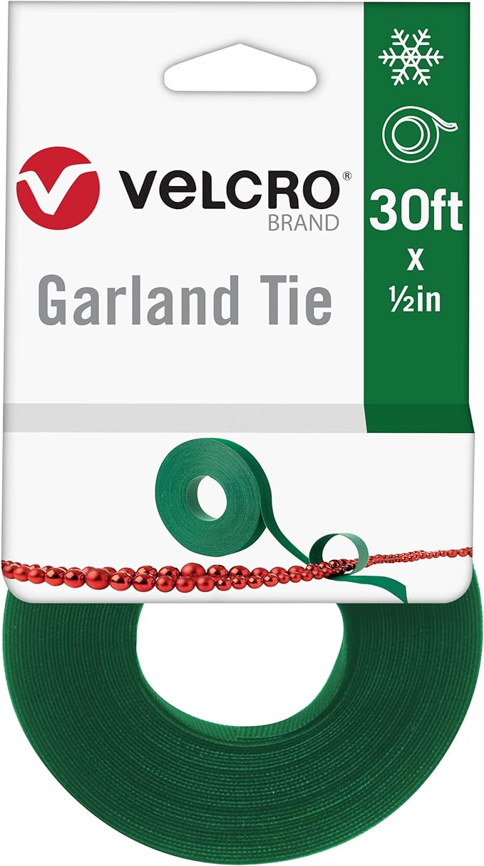 VELCRO Brand Holiday Garland Ties or Cable Straps | Hang Garlands, Lights or Wreath | for Banister, Railings, Stairs or Lamp Posts | 30ft Roll Cut to Custom Length | Green