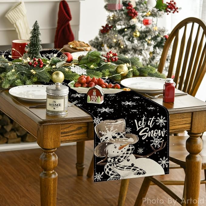 Artoid Mode Black Snowman Snowflake Let it Snow Winter Table Runner, Christmas Kitchen Dining Table Decoration for Home Party Decor 13x72 Inch