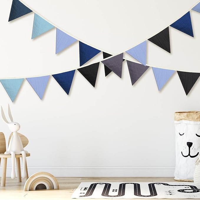 Oudain 15.5 ft Pennant Banner Flags, 2 Pcs Nursery Garland Triangle Bunting Flag Baby Banner for Nursery Decor Baby Birthday Boho Wedding Shower Party Event, Each 7.75 ft(Blue Color)