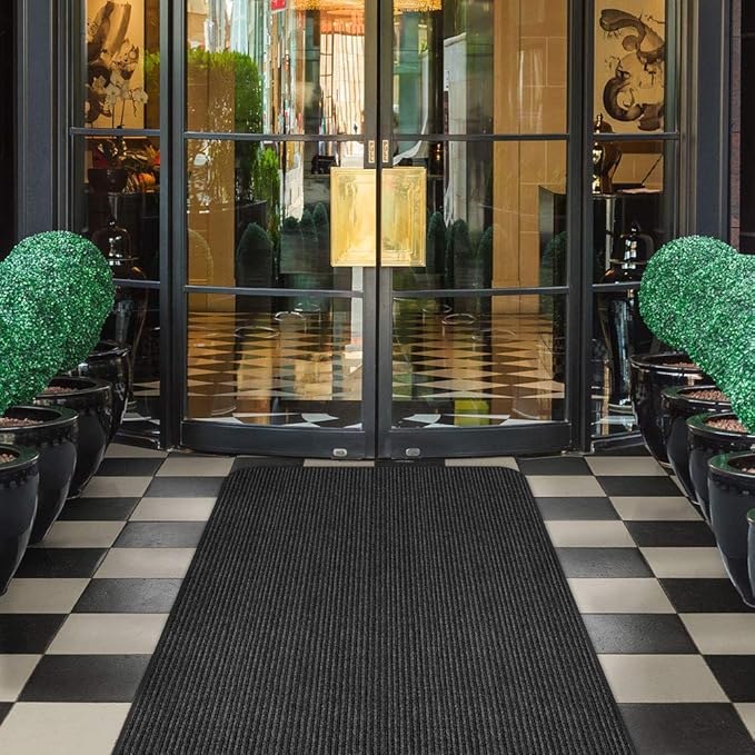 House, Home and More Indoor Outdoor Double-Ribbed Carpet Runner with Skid-Resistant Rubber Backing - Smokey Black - 4 Feet x 15 Feet