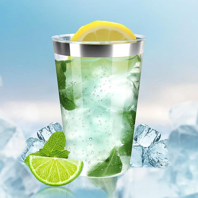 [200 Pack 12oz Clear Plastic Cups with Silver Rimmed Sturdy & Food Safe Disposable Wine Glasses Party Cups Wedding Cups Disposable Drinking Cups for Wine, Juice, Cocktails and Cold Beverages