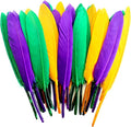 FeelfunFeather 120pcs Mardi Gras Goose Cochettes Feather 4-6 inch Decorative Colorful Purple Golden Yellow Green Feathers Bulk for DIY Crafts Masquerade Carnival Party Decoration