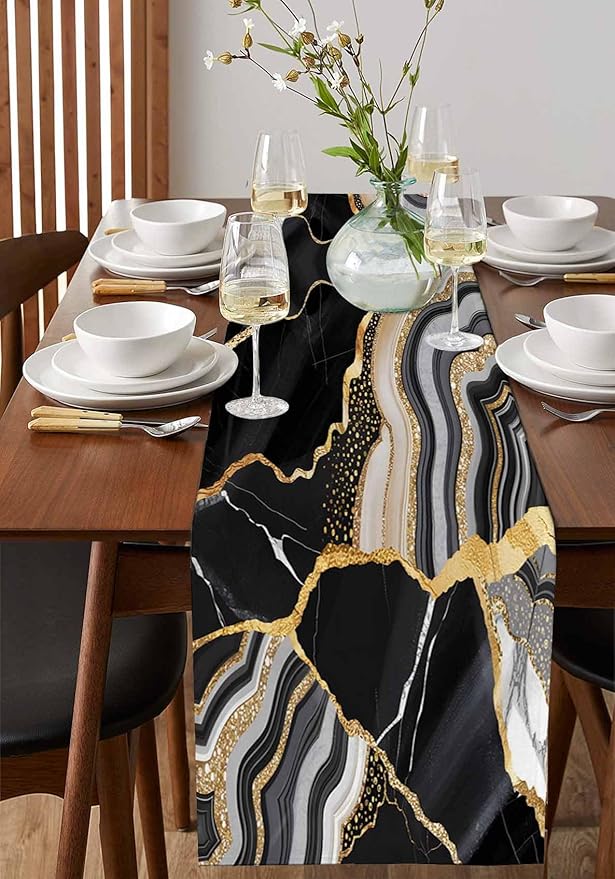 Geometric Black Marble Cotton Linen Table Runner for Dining Kitchen, Wedding Outdoor Party Tablerunners Decoration,Farm Marble Liquid Ripple Abstract Dresser Scarf Coffee Tablecloth Runners 13''x108''