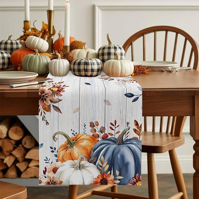 Thanksgiving Fall Cotton Linen Table Runner for Dining Kitchen, Pumpkins Eucalyptus Wedding Outdoor Party Tablerunners Decoration, Farmhouse Wooden Dresser Scarf Coffee Tablecloth Runners 13x36 Inches