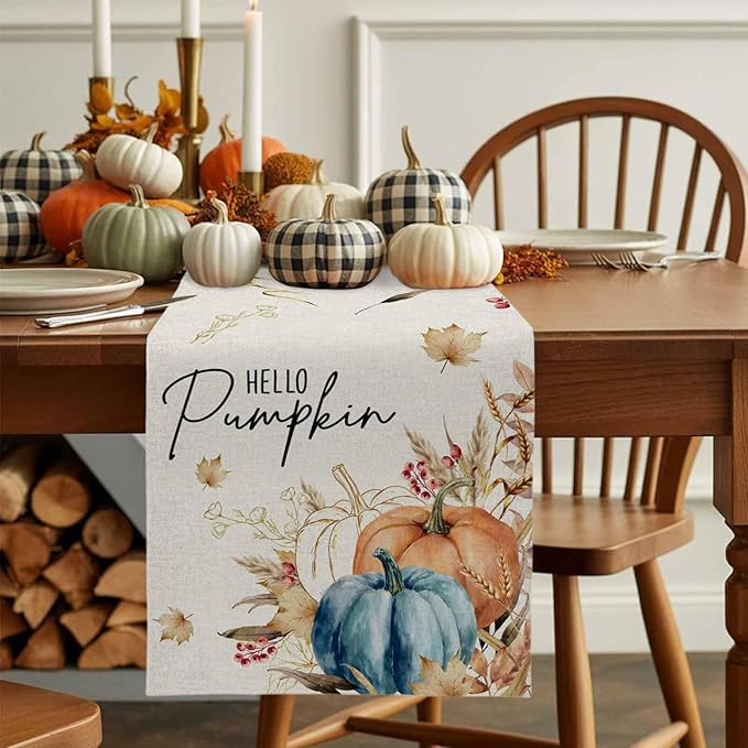 Fall Thanksgiving Cotton Linen Table Runner for Dining Kitchen, Orange Pumpkins Outdoor Party Autumn Tablerunners Decoration, Rustic Wheat Leaves Dresser Scarf Coffee Tablecloth Runners 13x36 Inches