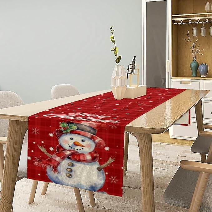 Christmas Table Runner,Christmas Snowman Snowflakes Winter Seasonal Table Cloth Kitchen Dining Table Decoration for Home Party Decor 13x90 Inch