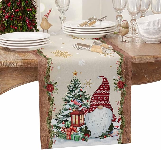 Christmas Gnomes Cotton Linen Table Runner for Dining Kitchen, Xmas Pine Tree Snowflake Rustic Wedding Outdoor Party Tablerunners Decoration, Retro Wood Dresser Scarf Tablecloth Runners 13x36 Inches