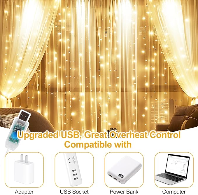 Fairy Curtain Lights Upgraded Tangle-Free Warm White USB Plug in 8 Modes String Hanging Lights with Remote for Christmas, Bedroom, Indoor, Outdoor, Weddings, Party (6.6FTx10FT)