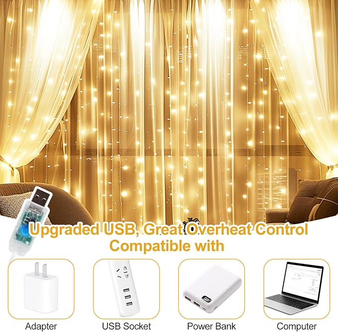 Fairy Curtain Lights Upgraded Tangle-Free Warm White USB Plug in 8 Modes String Hanging Lights with Remote for Christmas, Bedroom, Indoor, Outdoor, Weddings, Party (10FTx10FT)