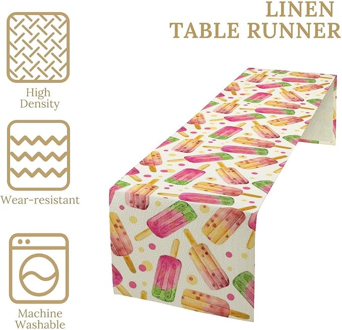 Ice Cream Popsicles Table Runner, Watercolor Summer Seasonal Fruit Peach Kiwi Berry Popsicles Orange Pink Sweet Dessert Dinner Runner for Party Holiday Home Kitchen Dining Table Decor 13"x90"