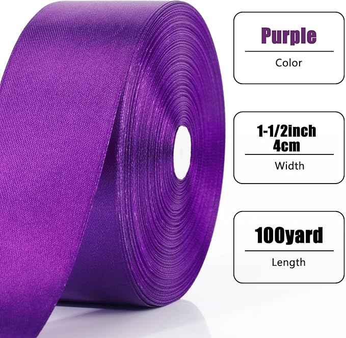NESCCI 100 Yards Ribbon,1-1/2 Inch Purple Satin Ribbon,Single Face Satin Ribbons,Perfect for Gift Wrapping,Wedding Decoration,Handmade Bows,Wrapping Bouquet, Halloween, Christmas