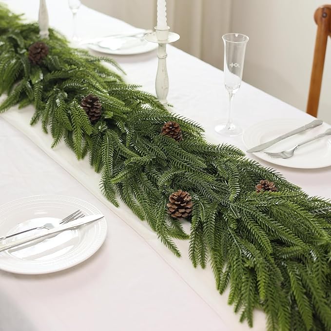 9FT Christmas Norfolk Pine Garland -2PCS, Artificial Pine Needles Garlands Faux Greenery Fake Garland for Holiday Fireplace,Table,Window,Stairs,Mante,Indoor Outdoor Decor