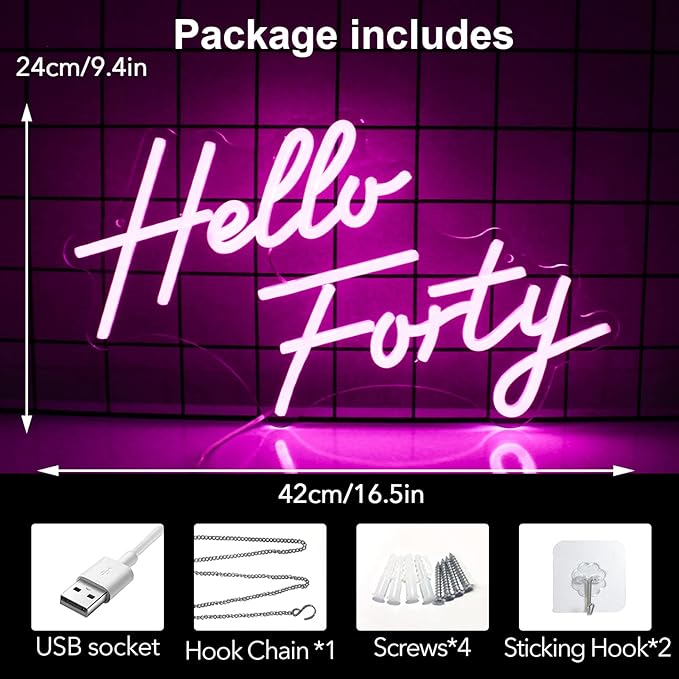 Hello Forty Neon Sign 40th Birthday Dimmable Neon Sign Pink Letters Neon Lights For Bedroom Decor USB Hanging Sign For Home Apartment Office Beauty Salon Decor